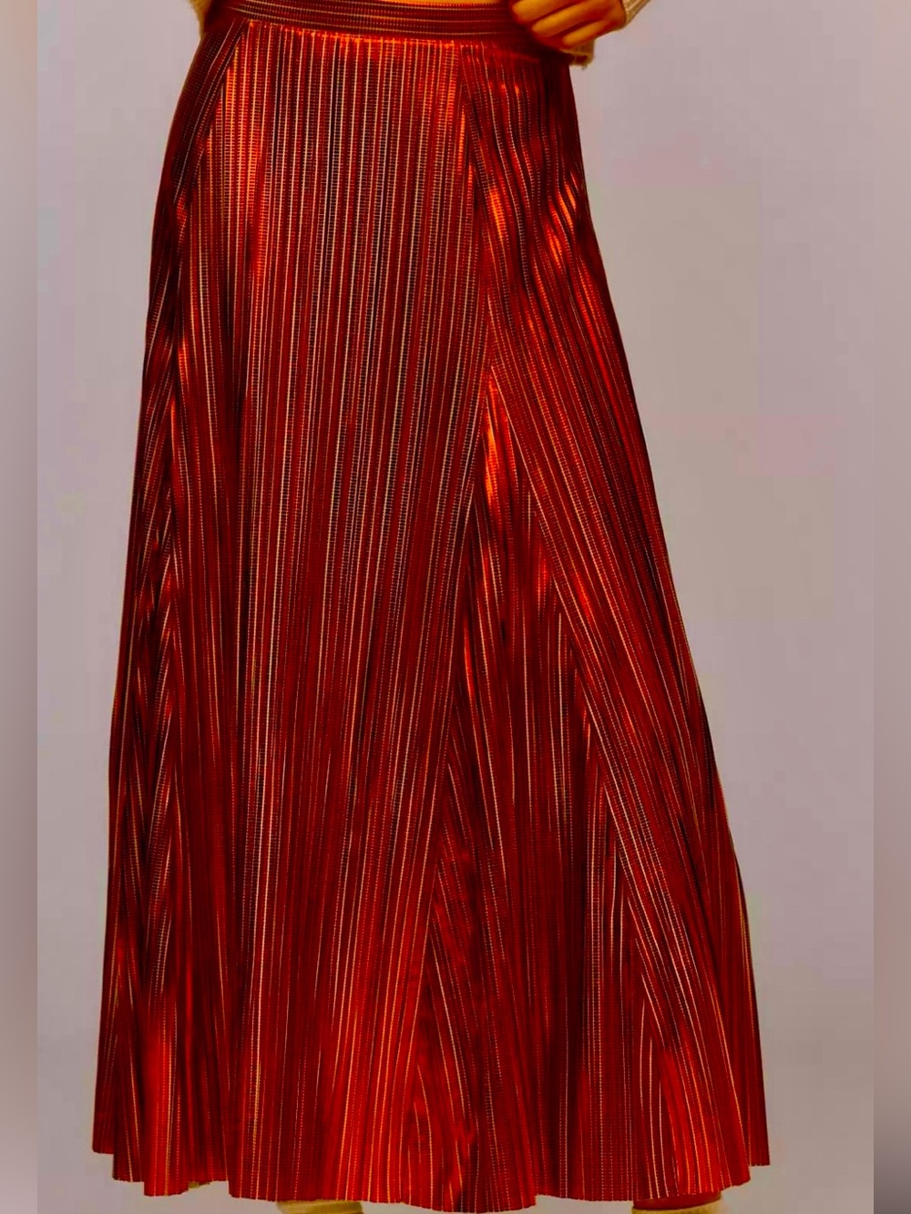 Anthropologie Red Metallic Pleated Maxi Skirt